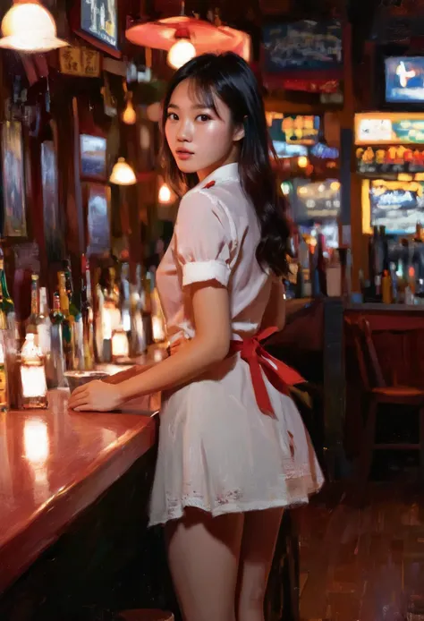 (impressionistic realism by csybgh), an adopted chinese twenty something, very cute and adorable, she works as a waitress in a Western bar, a bit shy, hasn't discovered her limits yet, masterpiece, 8k, hyper detailed