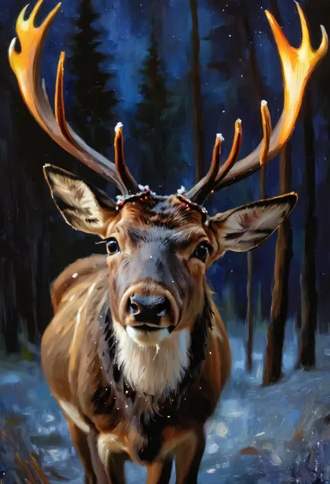 (impressionistic realism by csybgh), a beautiful AND very cute reindeer, luminescent antlers, masterpiece, 8k, ultra detailed, (impasto, palette knife painting)