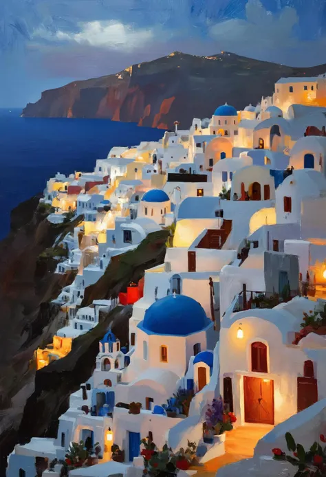 (impressionistic realism by csybgh), beautiful Santori, city of Oia, masterpiece, 8k, impasto painting, rough brushwork