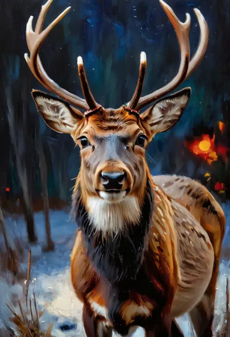 (impressionistic realism by csybgh), a beautiful reindeer, cuteness is beyond the scale, masterpiece, 8k, ultra detailed, (impasto, palette knife painting)