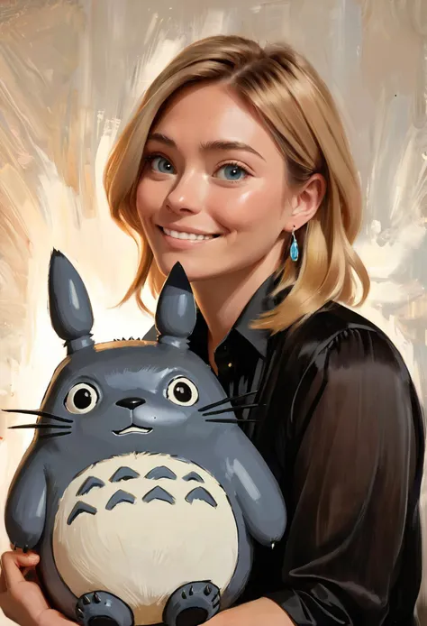 (impressionistic realism by csybgh), a busty blonde woman is so happy, ((she just received a small beautiful handcrafted totoro statue)), expression of pure and intense joy, she is wearing a tightly fitting buttoned up (black satin blouse), (she has a nose piercing), smiling from cheek to cheek, curvy and chubby but with a slim face, pretty blue eyes, (smokey eyes makeup), tears in her eyes, masterpiece, 8k, hyper detailed, rough brushwork, palette knife painting, ((art by Hayao Miyazaki AND Phil Noto))