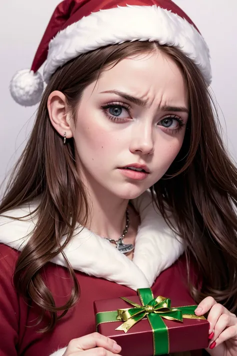 (masterpiece, best quality, highres, high resolution:1.2), extremely detailed, intricate details, 1girl, disgusted face, looking at viewer, portrait, ((christmas, gift)), suprise, unwrapping, dissapointed, <lora:disgusted:1>
