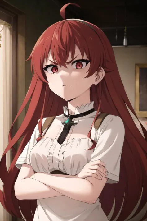 (high quality, high resolution:1.3), 4k, masterpiece, detailed background, indoors, room, messy room,
BREAK
1girl, solo, standing, <lora:è¾èä¸2V:0.5>, eris greyrat,1girl,solo,red hair,ahoge,bangs,hair between eyes,thick eyebrows,red eyes,woman, adult, looking at viewer, upper body, breasts, medium breasts, short sleeves, long hair, <lora:disgusted:1> ,disgusted face, looking at viewer, portrait, crossed arms, <lora:NoiseOffset_v2:1.0><lora:NoiseOffset_v2:1.0>