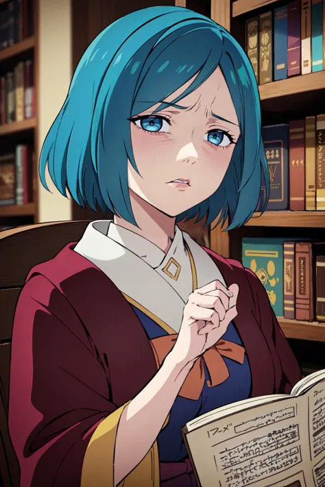 Wizard woman portrait, sharp focus, opaque eyes, disgusted face, short hair, mystical library, soft natural lighting, cinematic ambiance, fantasy atmosphere, intricate robe adorned with celestial patterns, blending realism with fantasy, detailed expression <lora:disgusted:1>