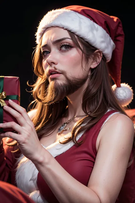 (masterpiece, best quality, highres, high resolution:1.2), extremely detailed, intricate details, 1girl, ((female santa, with a beard)), disgusted face, looking at viewer, portrait, ((christmas, gift)), suprise, unwrapping, dissapointed, <lora:disgusted:1>