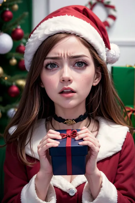 (masterpiece, best quality, highres, high resolution:1.2), extremely detailed, intricate details, 1girl, disgusted face, looking at viewer, portrait, ((christmas, gift)), suprise, present, unwrapping, dissapointed, <lora:disgusted:1>