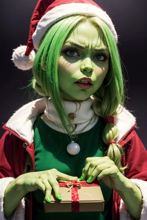 (masterpiece, best quality, highres, high resolution:1.2), extremely detailed, intricate details, 1girl, in frame, ((female grinch personification, with a beard)), ((christmas, gift in hands:0.9)), disgusted face, looking at viewer, portrait, wearing a fur coat, suprise, unwrapping, dissapointed, <lora:disgusted:1>