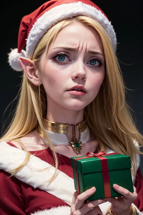(masterpiece, best quality, highres, high resolution:1.2), extremely detailed, intricate details, 1girl, elf costume, disgusted face, looking at viewer, portrait, ((christmas, gift)), suprise, unwrapping, dissapointed, <lora:disgusted:1>