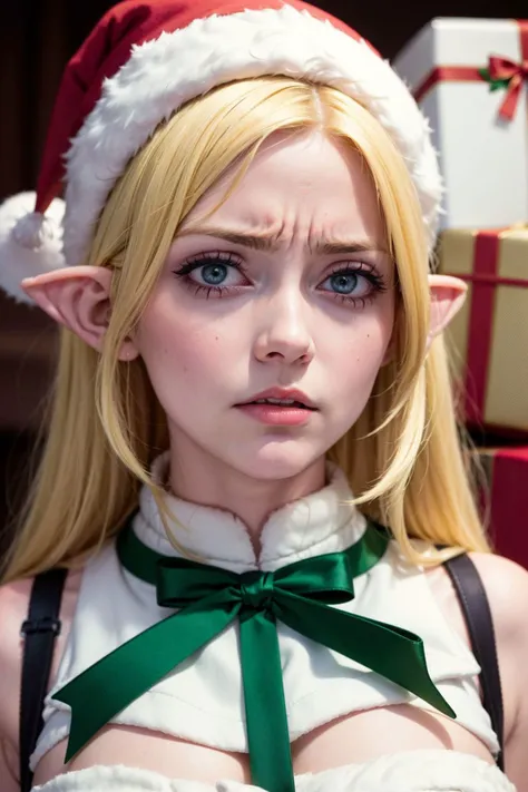 (masterpiece, best quality, highres, high resolution:1.2), extremely detailed, intricate details, 1girl, elf costume, disgusted face, looking at viewer, portrait, ((christmas, gift)), suprise, unwrapping, dissapointed, <lora:disgusted:1>