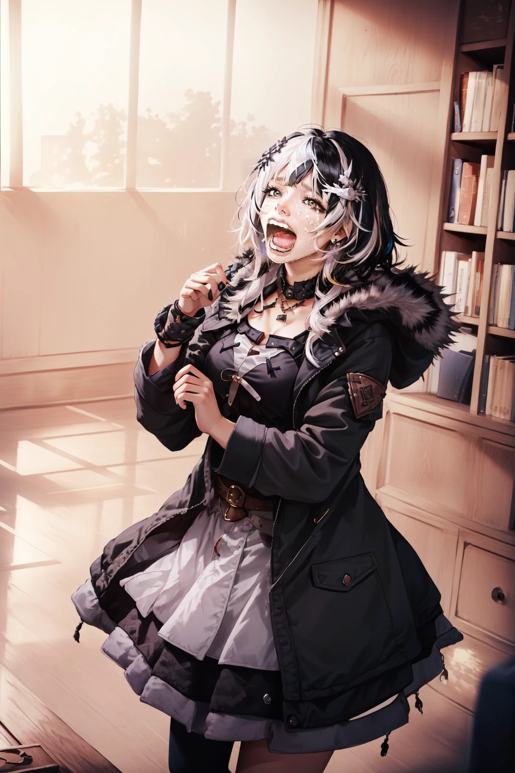 (masterpiece, best quality), intricate details,
1girl, <lora:ShioriNovellaV1-000090:0.8> Shiori, white hair, black hair, multicolor hair, jacket, open clothes, black jacket, coat, fur trim
<lora:Chopper:0.8> Chopper, open mouth, crying, indoors, library,