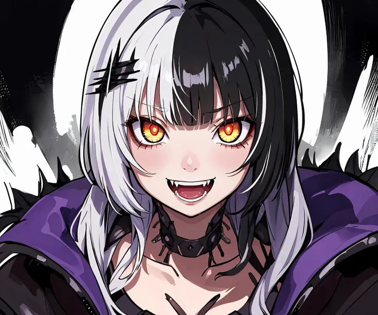 masterpiece, best quality, standing, Shiori, 1girl,evil smile, fangs, heavy breathing, looking at viewer, glowing eyes, close-up, <lora:ShioriNovellaV1-000090:1.0>,