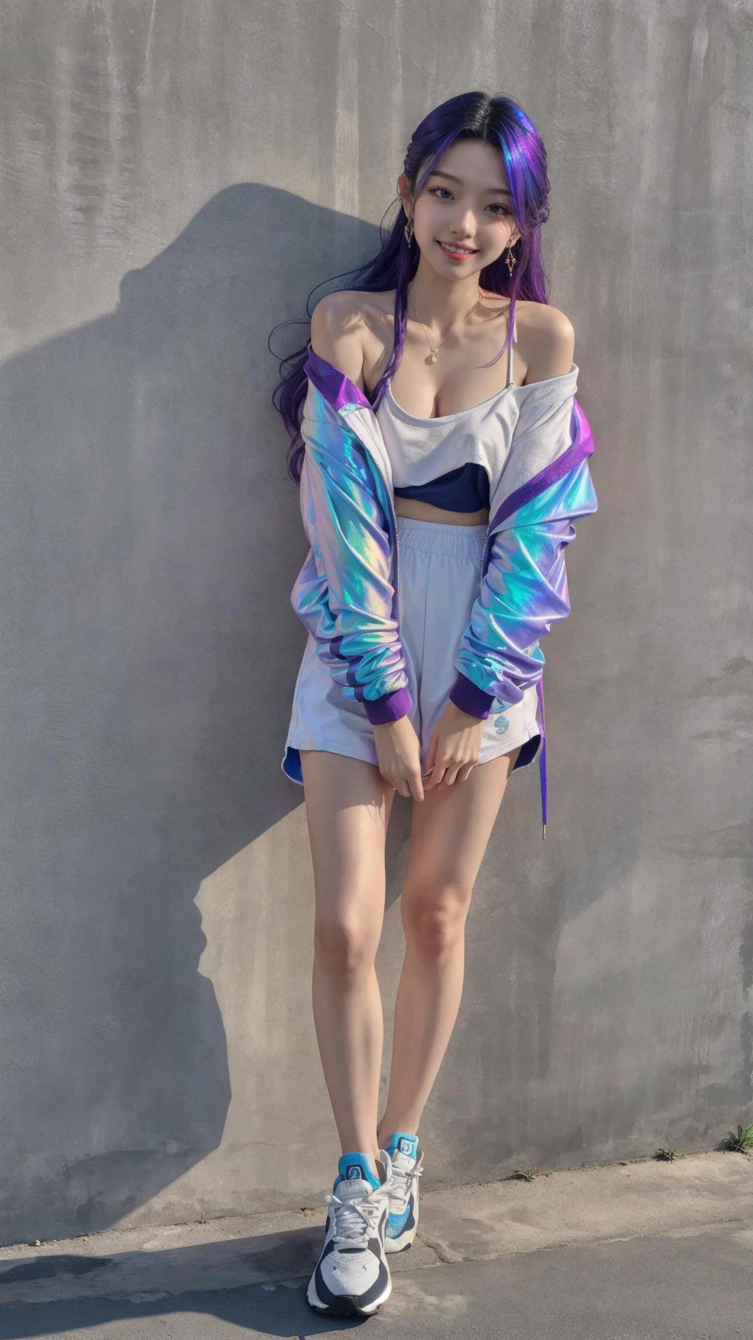 masterpiece, best quality,highres,soft light,beautiful and aesthetic, a girl wearing fashion dressing, long purple hair, (iridescent:1.2), smile,cool pose, collarbone plastic off shoulder jacket, t-shirt ,sport shoes, outdoors, fair-faced concrete wall,clean background, (frontlighting:1.2), full body, wide angle,Low shot, Excellent head-to-shoulder ratio,nine body, yellow theme, <lora:LWclothLora:0.3>