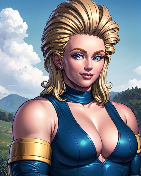 (intricately detailed, best quality, high resolution, highly detailed skin:1.4), upper body, (motherly smile:1.1), looking at viewer, outdoor scene, rolling hills, grassland, <lora:m4ryTBL-12:0.6> m4rytbl, (chubby woman:1.1), large breasts, blue eyes, lips, (long slicked-back blonde hair:1.3), (blue wrestling outfit, sleeves, exposed shoulders, cleavage window:1.2),