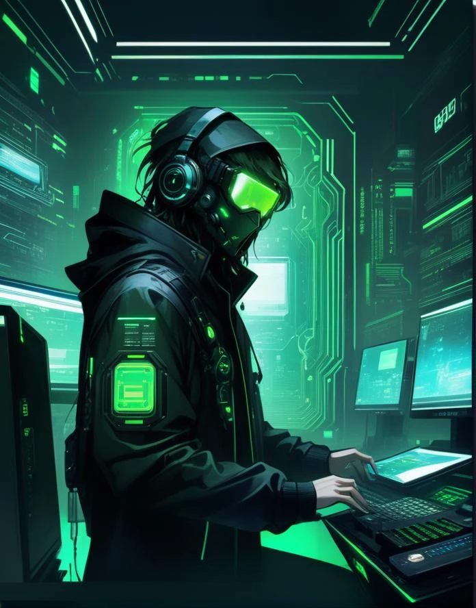 (masterpiece, best quality:1.5)
looking at viewer, solo, upper body, detailed background, detailed face, (<lora:NeoFuturisticTech-20:0.6>, sleek, neotech theme:1.1) high-tech futuristic hacker, advanced technology, techwear, keycard, (holographic display:1.05), unauthorized, numbers, computer, floorplan, control panel in background, green lights, stealth, dark sinister atmosphere,