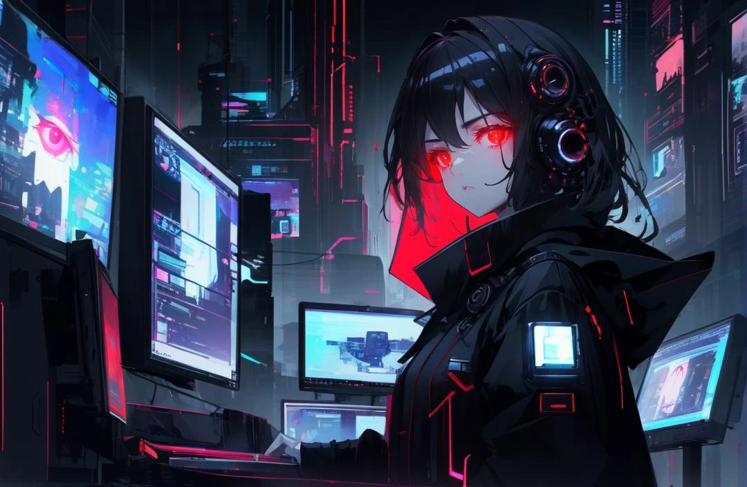 best quality, masterpiece,1girl,age,solo, cowboy shot,upper body, cyberpunk,mechanical eye, red eyes,glowing eyes, looking at viewer,(expressionless:1.1),(closed mouth),neon,glitch art,glitch censor,black coat, open coat, limited palette, window \(computing\), monitor,