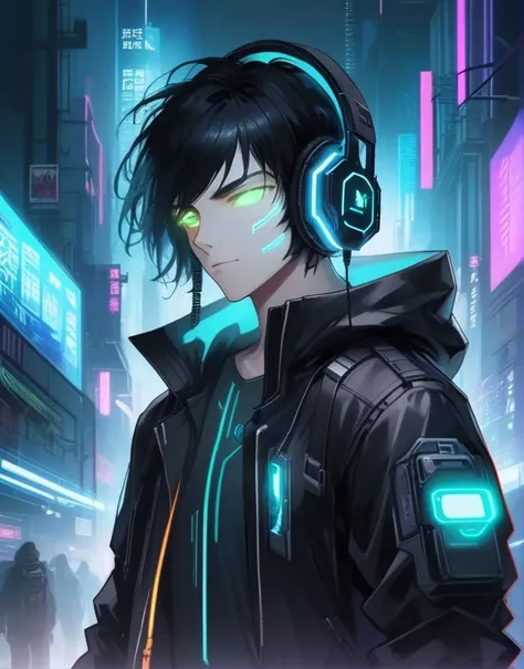 1boy, black hair, black jacket, closed mouth, cyberpunk, cyberpunk style, facial hair, glowing, headphones, hood, hood down, hooded jacket, jacket, male focus, neon lights, open clothes, open jacket, realistic, science fiction, shirt, solo, upper body