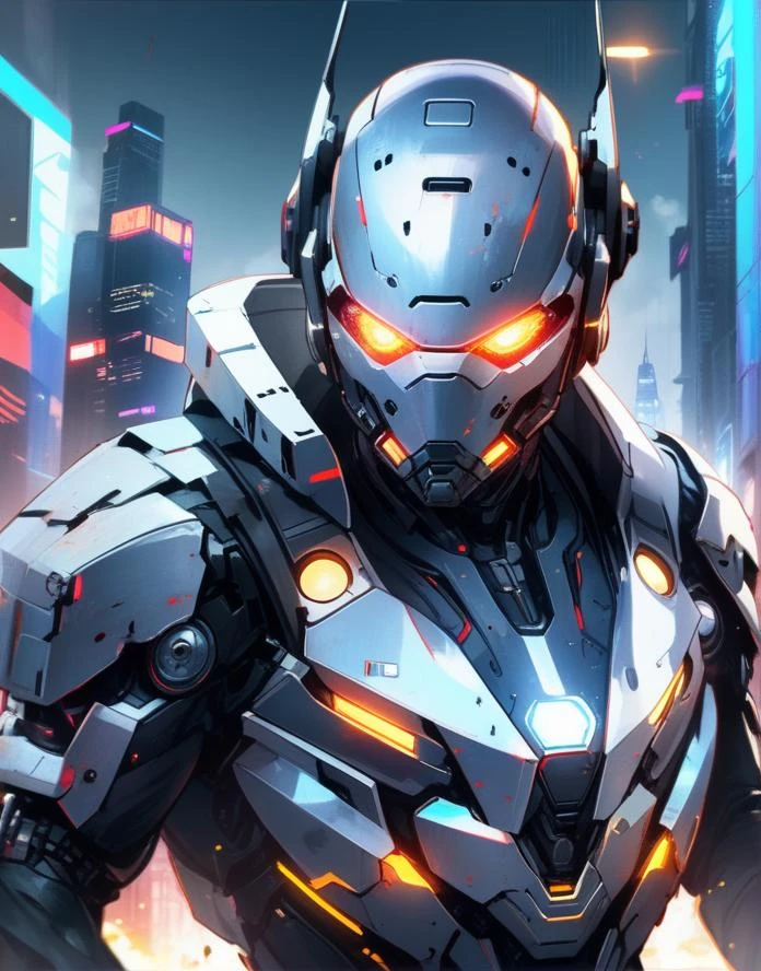 (masterpiece, best quality:1.5)
cyborg portrait, (bloody scars:0.7), looking at viewer, solo, upper body, detailed background, close up, detailed face, futuristic steel armor, cape, high-tech, advanced technology, bionics, cybernetics, (open helmet:0.6), head-up display, dynamic pose, epic futuristic city in background, lens flare, neon lights, sparks, explosions, hologram, cinematic atmosphere,