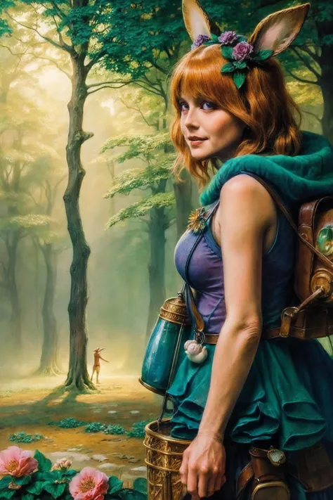 A sunny afternoon in a magical forest where an anthropomorphic bunny explorer encounters forest fairies. Rendered in Pixar style with abundant plants, flowers, idyllic weather, and volumetric lighting during golden hour. , detailed, realistic, 8k uhd, high quality, in style <lora:Dariusz_Zawadzki_ArtStyle:0.85>