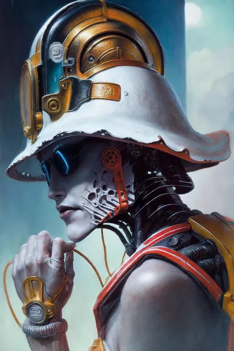 (best quality, masterpiece), 1girl, robotic, mechanical arms, neon lights, helmet, visor down,sceneryin style <lora:Dariusz_Zawadzki_ArtStyle:0.85>