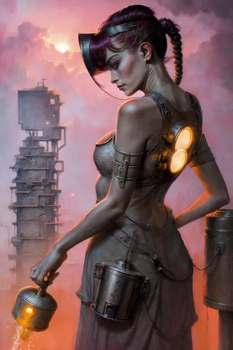 highres, masterpiece, perfect lighting, bloom, cinematic lighting, adult, female, looking off camera, cowboy shot, dynamic action pose, edgMechagirl, wearing edgMechaGirl cyber armor, intricate exoskeleton armor, pink glowing accents, blunt bangs, black hair:pink hair, messy mid ponytail, green eyes, thick eyebrows, freckles, full lips, futuristic cityscape, dystopian landscape, sprawling metropolis, distant planet, in style <lora:Dariusz_Zawadzki_ArtStyle:0.85>