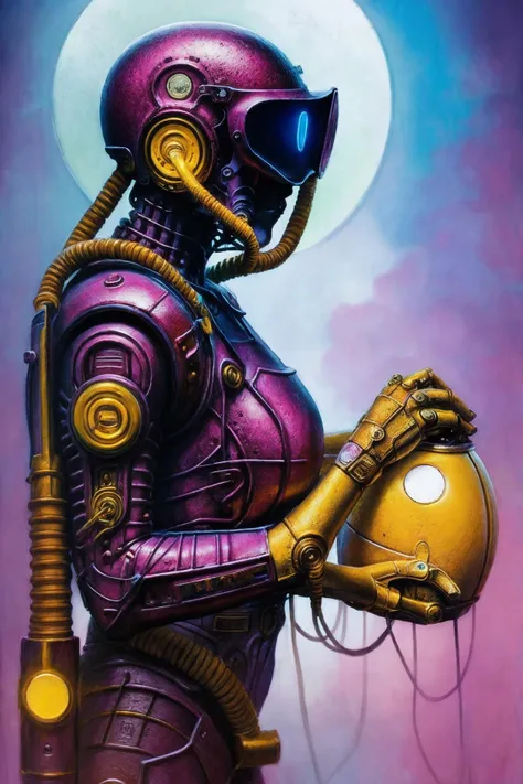 (best quality, masterpiece), 1girl, robotic, mechanical arms, neon lights, helmet, visor down,sceneryin style <lora:Dariusz_Zawadzki_ArtStyle:0.85>
