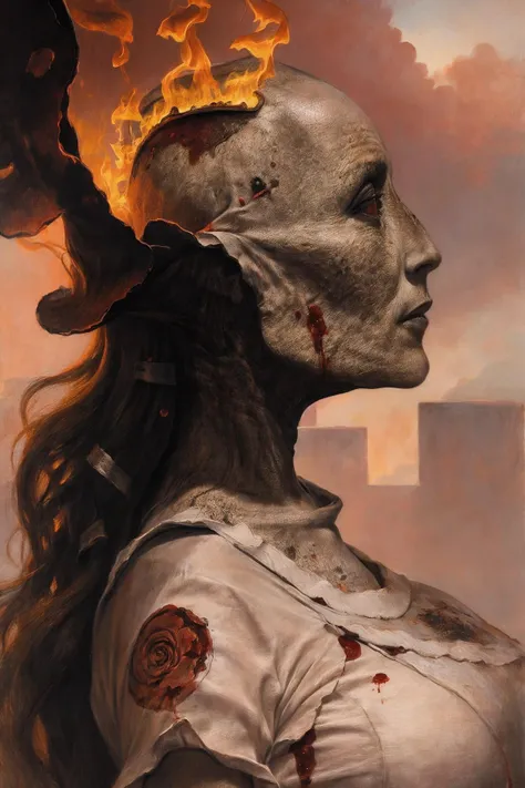 (medium shot) photo of 1 girl, (look at viewer), (solo focus:1.4), EmptyEyes, emotionless, (blood on dress:1.4), (stain on dress, torn dress:1.4), (white dress, pink_rose, long hair, floating in the wind), (blood), blood on face, cleavage, big breast, narrow waist, big pelvic, thigh, (in ruined city background:1.3), (explossion, fire, smoked:1.3), (realistic skin, eye focus, sharp focus, masterpiece,best quality, finely detailed,extremely detailed, realistic detail,clear_image,realistic, high_resolution,distinct_image) in style <lora:Dariusz_Zawadzki_ArtStyle:0.85>