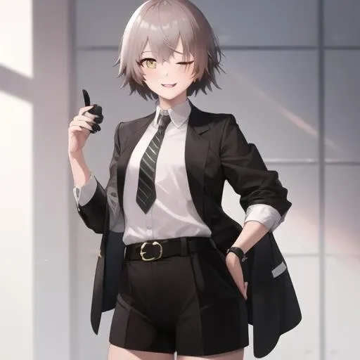 (masterpiece, best quality:1.2),illustration,8k,hd,1girl,solo,cowboy shot,ump45 (girls' frontline),belt,black jacket,black nails,flat chest,grey hair,high heels,necktie,one eye closed,scar across eye,short hair,short sleeves,sleeve cuffs,smile,thighhighs,white shirt,yellow eyes,<lora:Leia-Ump45(gf2):0.8>,