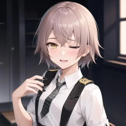 (masterpiece, best quality:1.2),illustration,8k,hd,1girl,solo,upper body,(portrait:1.2),ump45 (girls' frontline),belt,black jacket,black nails,flat chest,grey hair,high heels,necktie,one eye closed,scar across eye,short hair,short sleeves,sleeve cuffs,smile,thighhighs,white shirt,yellow eyes,<lora:Leia-Ump45(gf2):0.8>,