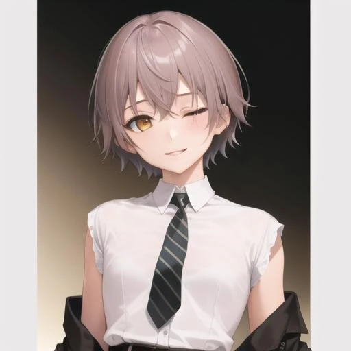 (masterpiece, best quality:1.2),illustration,8k,hd,1girl,solo,upper body,(portrait:1.2),belt,black jacket,black nails,flat chest,grey hair,high heels,necktie,one eye closed,scar across eye,short hair,short sleeves,sleeve cuffs,smile,thighhighs,white shirt,yellow eyes,<lora:Leia-Ump45(gf2):0.8>,