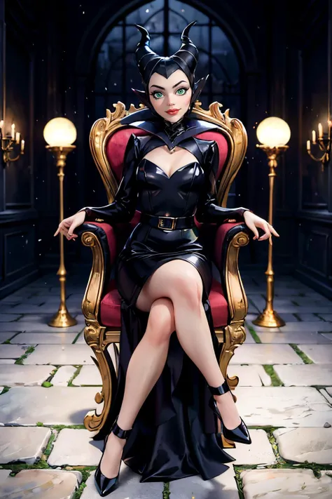 MaleficentWaifu, green eyes, black dress, long sleeves, long dress, looking at viewer, serious, smiling, sitting, legs crossed, on throne, inside castle, cobblestone, high quality, masterpiece, <lora:Malefica_character:.7>