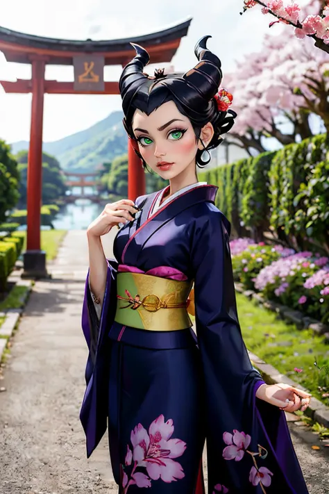 MaleficentWaifu, green eyes, traditional kimono, sash, wide sleeves, floral print, looking at viewer, serious, standing, outside, garden, red torii, cherry blossom, overcast, high quality, masterpiece, <lora:Malefica_character:.7>