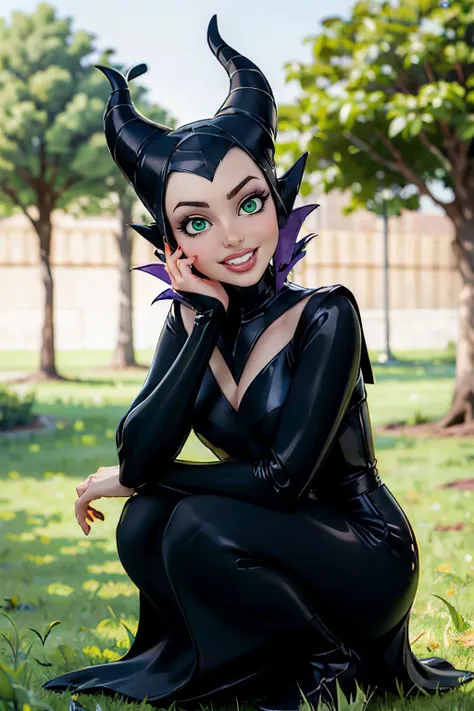 MaleficentWaifu, green eyes, black dress, long sleeves, long dress, looking at viewer, smiling, teeth, squatting, hand under chin, outside, grass, park, under tree, shade, high quality, masterpiece, <lora:Malefica_character:.7>