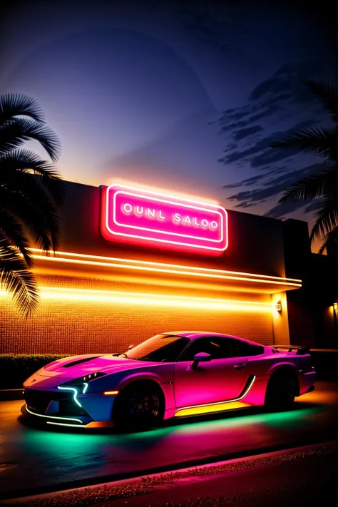 ( miami_vice_style ) , a car parked in front of a neon sign in a city at night time with a neon sign in the background, Beeple, outrun, a 3D render, retrofuturism