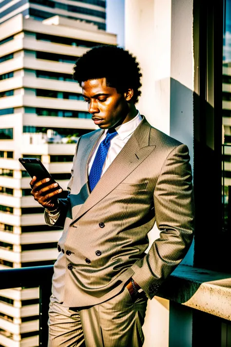 miami_vice_style , a man in a suit is holding a drink and looking at his cell phone while standing on a balcony, Felipe Seade, rich deep colors, a bronze sculpture, harlem renaissance