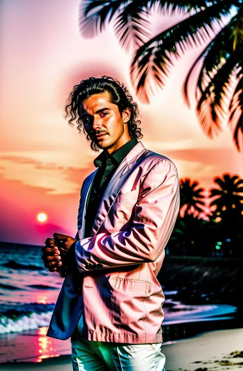 ( miami_vice_style ) , man in suits standing on a beach near the ocean with palm trees in the background and a pink sky, David LaChapelle, retrowave, poster art, kitsch movement , facial_hair, fireworks, male_focus, multiple_boys, mustache, palm_tree, plant, red_sky, shirt, smile, tree