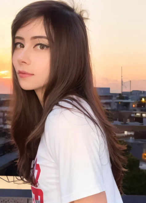 (8k, RAW photo, best quality, masterpiece:1.2),(realistic, photo-realistic:1.37),in a rooftop,sunset, long hair,say-2000, upper body,(((sport top))),facial close-up <hypernet:say-2000:1>