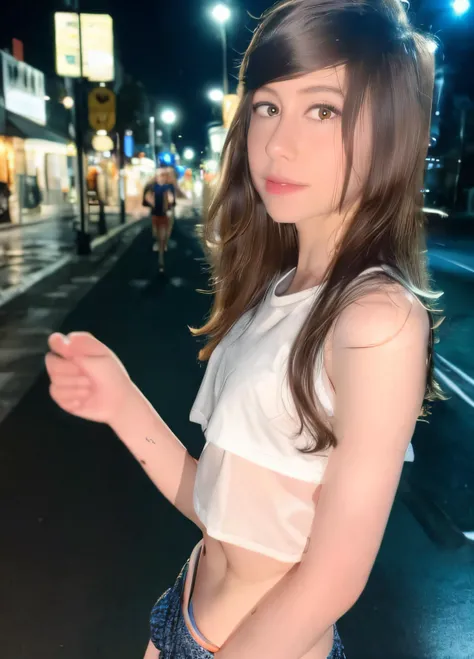 (8k, RAW photo, best quality, masterpiece:1.2),(realistic, photo-realistic:1.37),in a street sidewalk,night, long hair,say-2000, upper body,(((fit body,sport cropped top and shorts))),facial close-up <hypernet:say-2000:1>