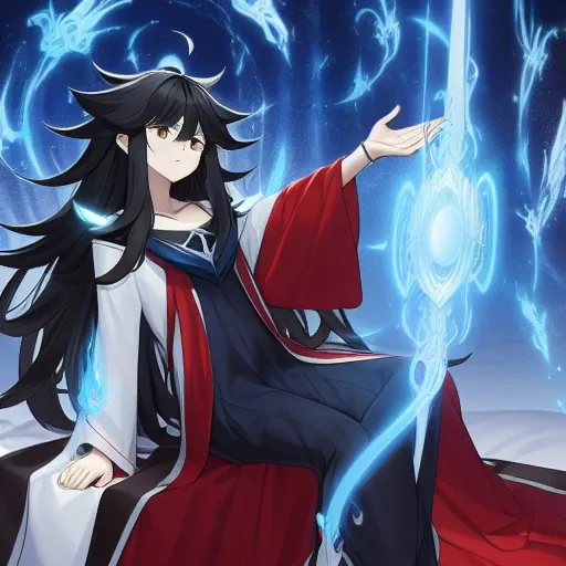 masterpiece, best quality, A female cartoon character, messy hair, tired, long black hair, bored, shut-in, neat, one hand up, magic, blue fire, official art, yu-gi-oh!