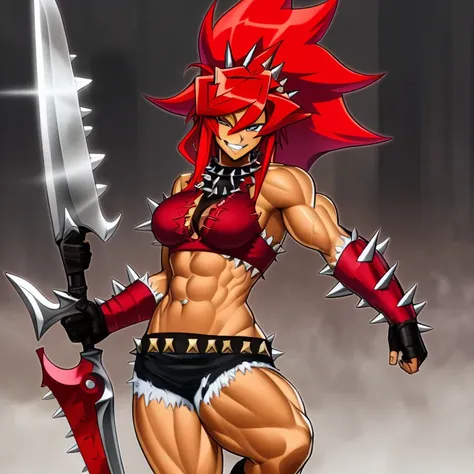 masterpiece, best quality, A female cartoon character, messy hair, spiky red hair, tomboy, [muscular], dark skin, weapon towards viewer, smirk, official art, yu-gi-oh!, solo