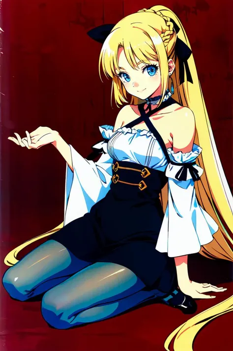 <lora:Daisuke Ishiwatari:0.55>, ultra detailed, masterpiece, best quality, solo, soft smile, light smile,
1girl, blue eyes, very long hair, blonde hair, long blonde hair, french braid, bangs, medium breasts,
hair ribbon, frilled choker, criss-cross halter, sleeveless dress, high-waist skirt, backless dress, waist bow, detached sleeves, frilled sleeves, wide sleeves, pantyhose, patterned legwear, mary janes,