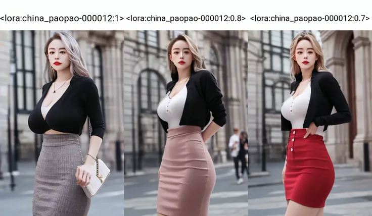 (8k, RAW photo, best quality, masterpiece:1.2), (realistic, photo-realistic:1.37),\(ulzzang-6500-v1.1\),\(detailed eyes\), \(detailed facial features\), \(\(detailed clothes features\)\), upper body,(large breasts),(face focus),extremely detailed CG unity 8k wallpaper, huge filesize, ultra-detailed, highres, absurdres,beautiful eyes,ray tracing, dramatic shadows,fine detail,dramatic angle,high saturation,lens flare,(standing),soft light,Detailed skin texture, detailed clothing texture,looking at viewer,from up,
1girl, long legs,white shirt,pencil skirt,<lora:china_paopao-000012:1> china paopao,necklace, red lips,