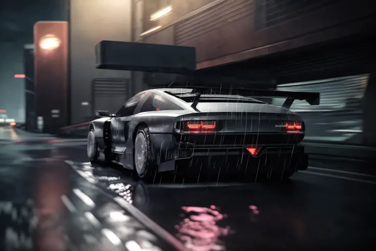 ((masterpiece,best quality)), nv74 car, with (concept rims), no humans, driving cyberpunk city, through the rain, moving, (motion blur:0.6), (speed effect:0.6), ultra-detailed, 8k, highres, cinematic, <lora:nv74:1>, (<lora:FutureCity_last:1.5>, cyberpunk background, retrowave light, korean neon sign:1.1), a lonely atmosphere, purple background, heavy rain