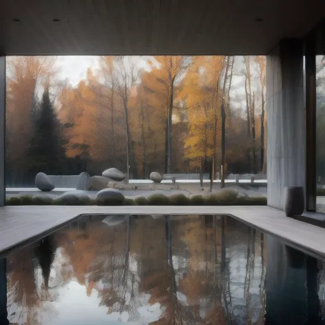 (atrium of a modern art museum, skylight, water feature, vegetations, outdoor, trees, stones, bench, reflection, autumn), RAW photo, 8k uhd, dslr, soft lighting, high quality, film grain, Fujifilm XT3, best quality, masterpiece, hyperdetailed
