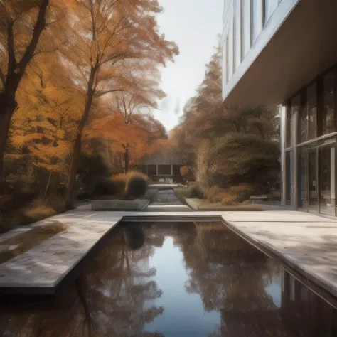 (atrium of a modern art museum, skylight, water feature, vegetations, outdoor, trees, stones, bench, reflection, autumn, photorealistic), RAW photo, 8k uhd, dslr, soft lighting, high quality, film grain, Fujifilm XT3, best quality, masterpiece, hyperdetailed