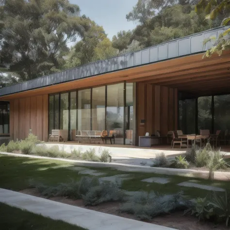 (modern library, cozy weather, wooden furniture, concrete wall, vegetations, plants on the wall, sustainable facade, multiple people), RAW photo, 8k uhd, dslr, soft lighting, high quality, film grain, Fujifilm XT3, best quality, masterpiece, hyperdetailed