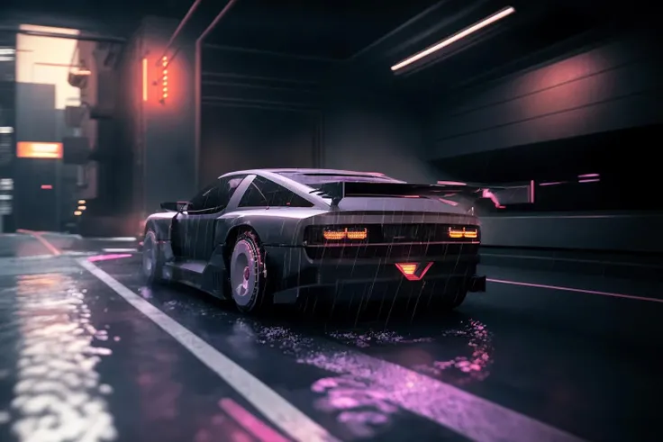 ((masterpiece,best quality)), nv74 car, with (concept rims), no humans, driving cyberpunk city, through the rain, moving, (motion blur:0.6), (speed effect:0.6), ultra-detailed, 8k, highres, cinematic, <lora:nv74:1>, (<lora:FutureCity_last:1.5>, cyberpunk background, retrowave light, korean neon sign:1.1), a lonely atmosphere, purple background, heavy rain