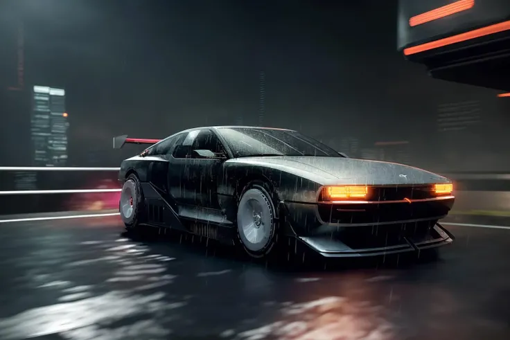 ((masterpiece,best quality)), nv74 car, with (concept rims), no humans, driving cyberpunk city, through the rain, moving, (motion blur:0.6), (speed effect:0.6), ultra-detailed, 8k, highres, cinematic, <lora:nv74:1>, (<lora:FutureCity_last:1.5>, cyberpunk background, retrowave light, korean neon sign:1.1), a lonely atmosphere, purple background, heavy rain