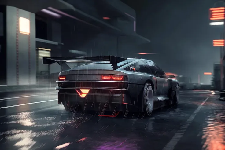 ((masterpiece,best quality)), nv74 car, with (concept rims), no humans, driving cyberpunk city, through the rain, moving, (motion blur:0.6), (speed effect:0.6), ultra-detailed, 8k, highres, cinematic, <lora:nv74:1>, (<lora:FutureCity_last:1.5>, cyberpunk background, retrowave light, korean neon sign:1.1), a lonely atmosphere, purple background, heavy rain