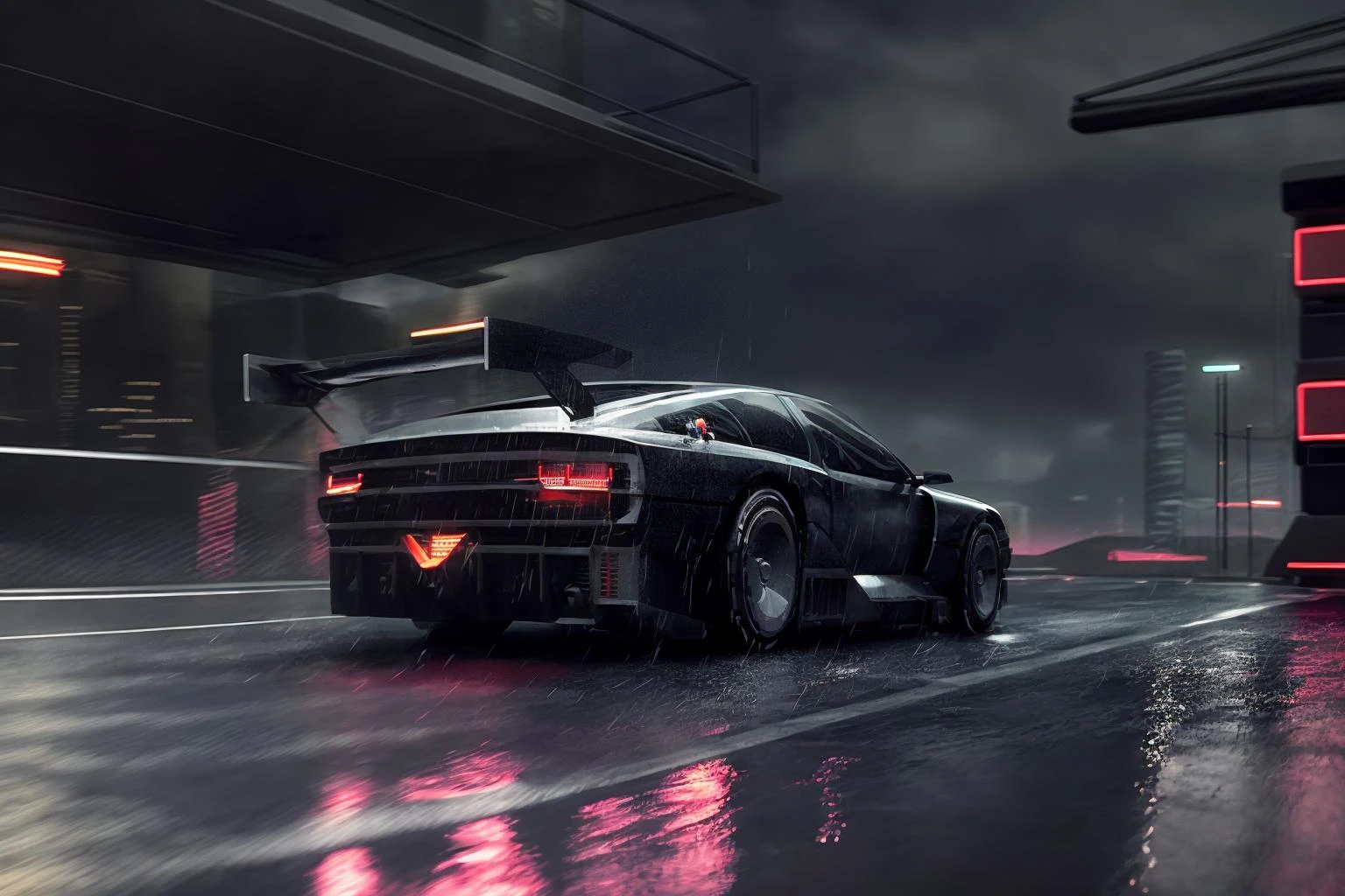 ((masterpiece,best quality)), nv74 car, with (concept rims), no humans, driving cyberpunk city, through the rain, moving, (motion blur:0.6), (speed effect:0.6), ultra-detailed, 8k, highres, cinematic, <lora:nv74:1>, (<lora:FutureCity_last:1.5>, cyberpunk background, retrowave light, korean neon sign:1.1), a lonely atmosphere, purple background, heavy rain