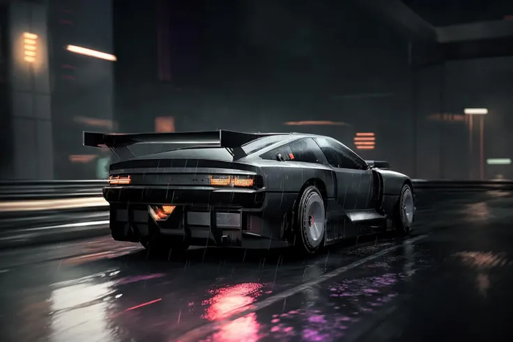 ((masterpiece,best quality)), nv74 car, with (concept rims), no humans, driving cyberpunk city, through the rain, moving, (motion blur:0.6), (speed effect:0.6), ultra-detailed, 8k, highres, cinematic, <lora:nv74:1>, (<lora:FutureCity_last:1.5>, cyberpunk background, retrowave light, korean neon sign:1.1), a lonely atmosphere, purple background, heavy rain